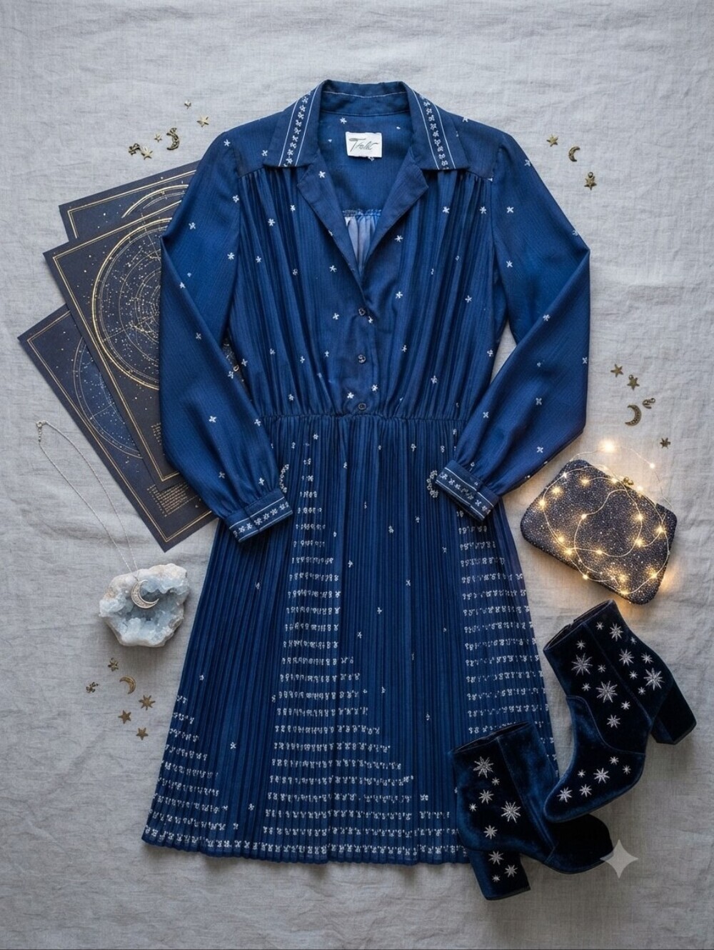 Vintage Tribute Navy Semi Sheer Collared Long Sleeve Dress